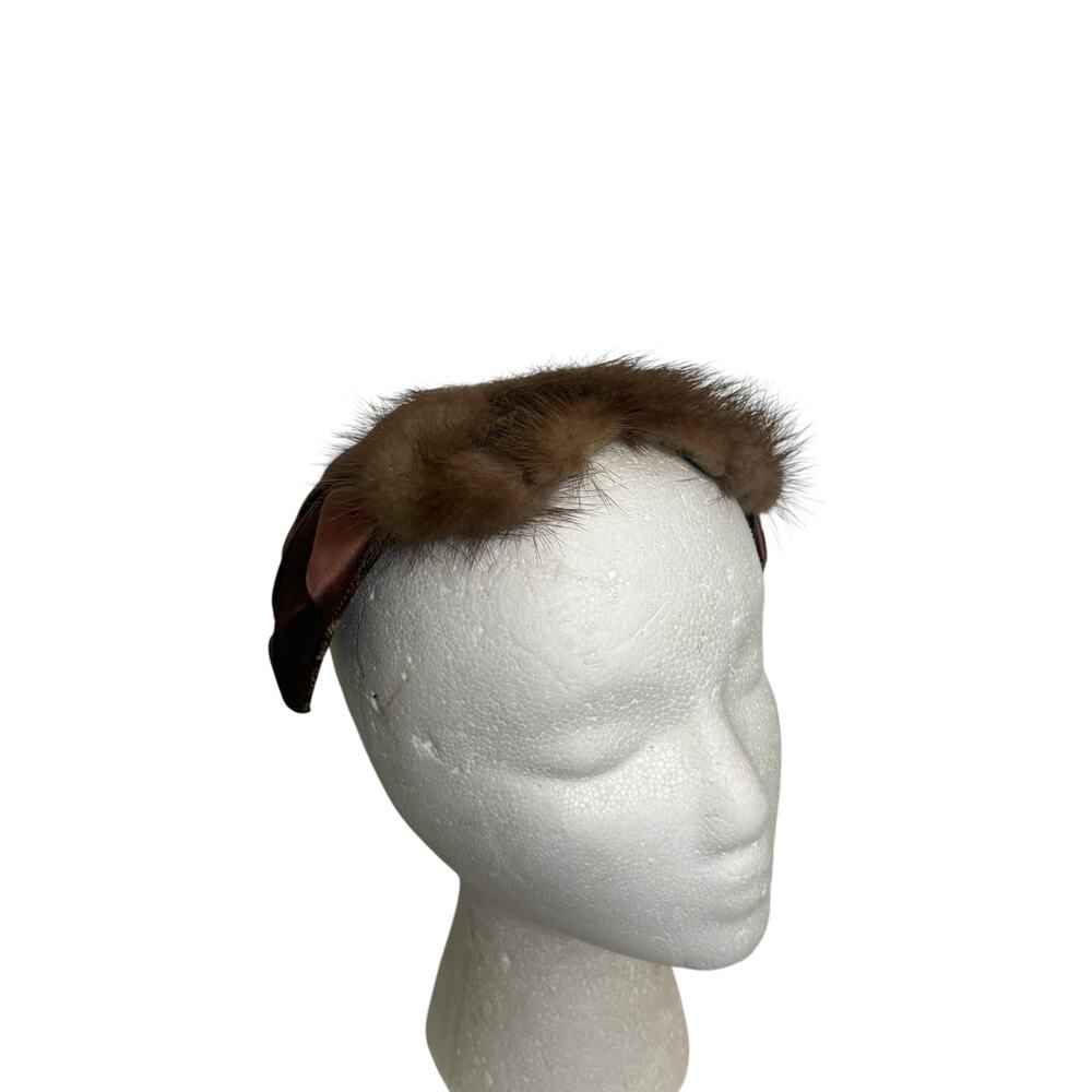 1940s Mink Fur Satin Fascinator Hat Brown Vintage Mob Cap Pinup Retro - Picture 7 of 8